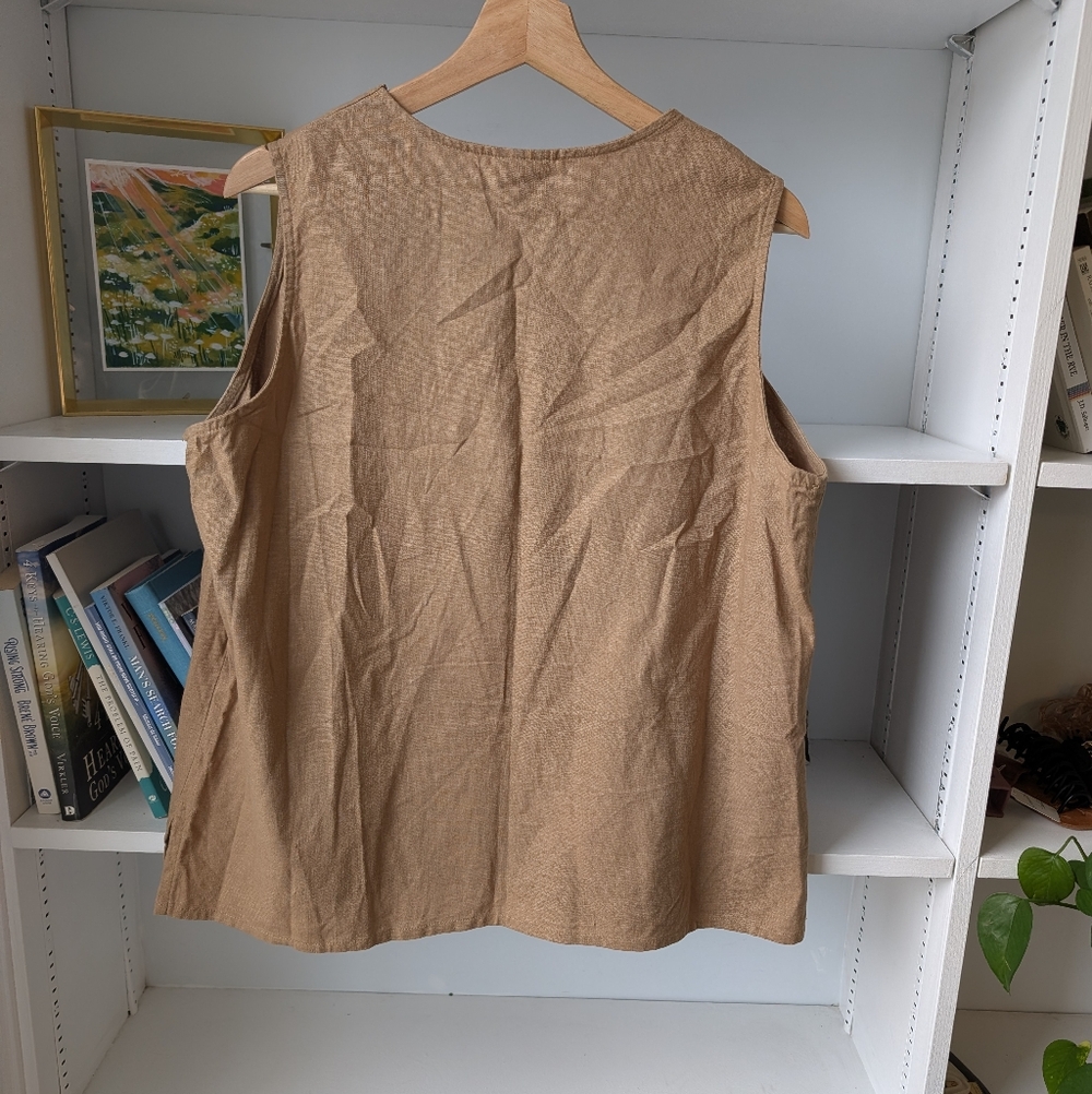 Women's Sleeveless Top Linen Blend Brown Embroidered Large Lagenlook Granola - Picture 6 of 8